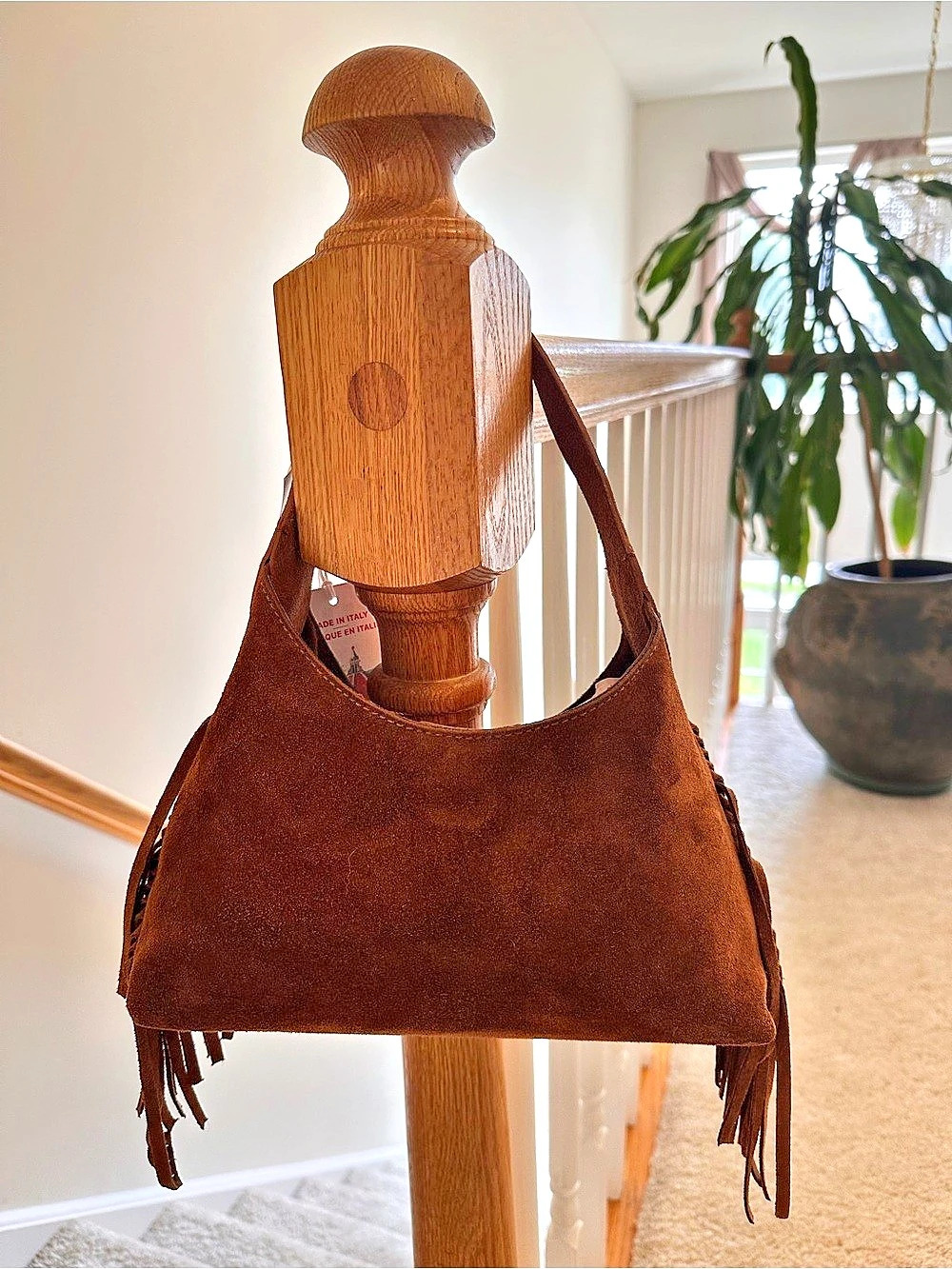 Brown Suede Fringe Shoulder Bag made in Italy